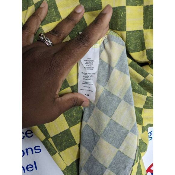 LuLaRoe Tee Randy Raglan tee 3/4 sleeve checkerboard pattern XXS Yellow Dark Gra - Picture 6 of 7